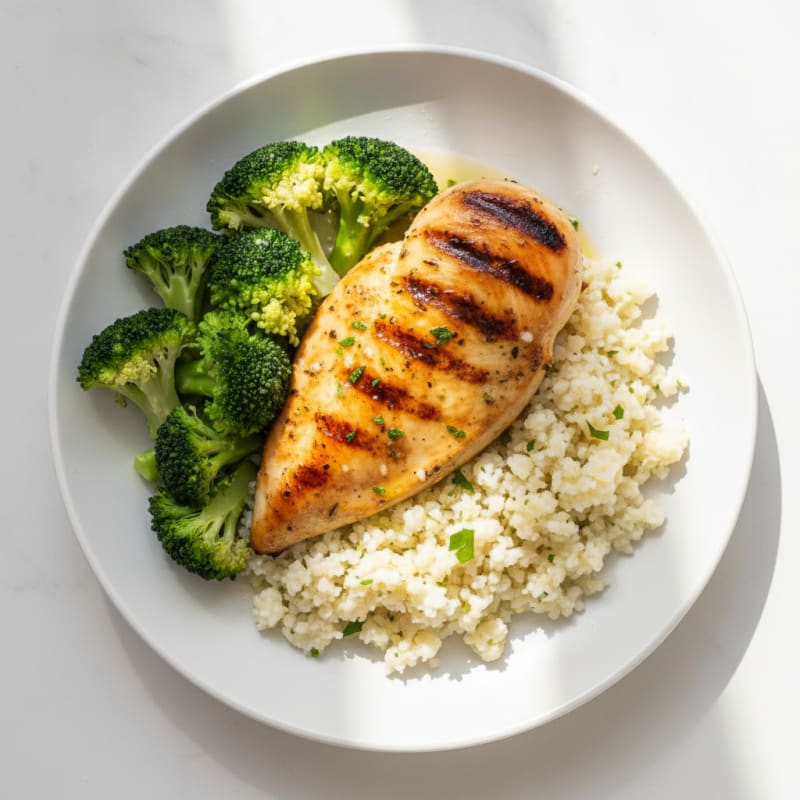 Grilled Chicken Breast with Steamed Broccoli and Cauliflower Rice