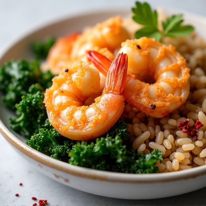 Crispy Lemon Garlic Shrimp with Fluffy Brown Rice and Sautéed Greens