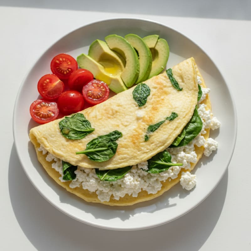 Egg White Spinach Omelette with Cottage Cheese and Cherry Tomatoes
