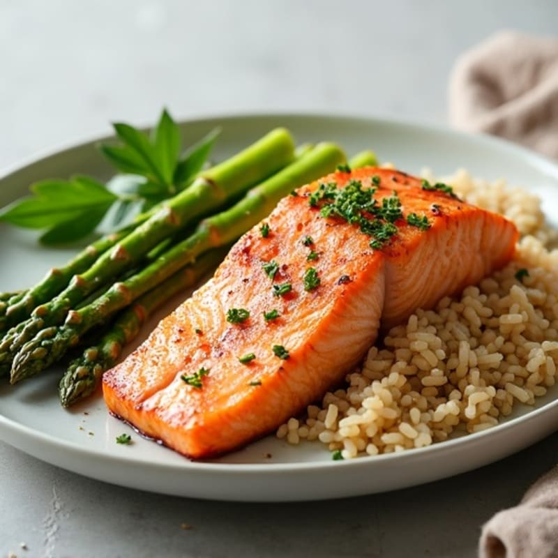 Seared Salmon with Steamed Asparagus and Brown Rice