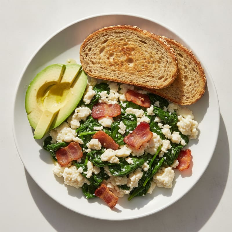 Crispy Turkey Bacon Egg White Scramble with Spinach