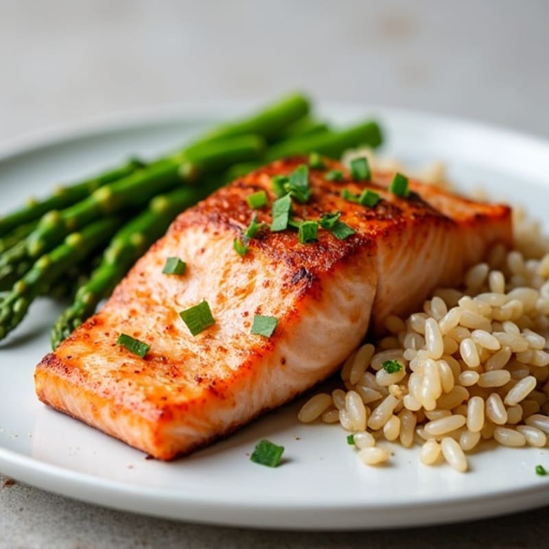 Seared Salmon with Steamed Asparagus and Brown Rice