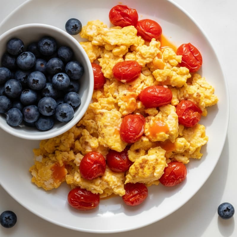 Scrambled Eggs with Sautéed Tomatoes and Fresh Berries