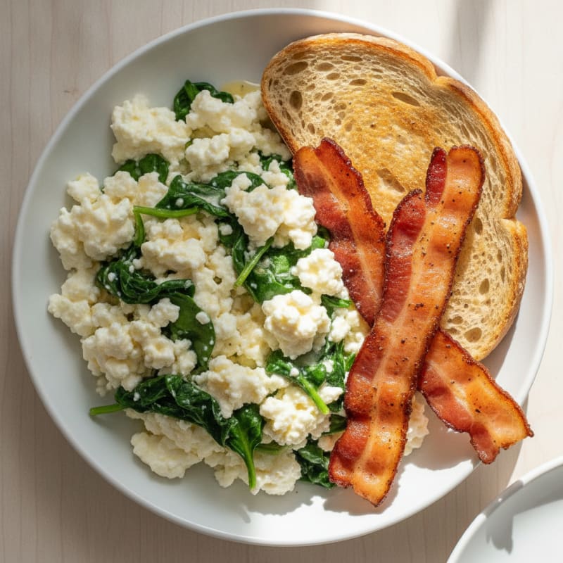 Cottage Cheese Egg White Scramble with Sautéed Spinach and Turkey Bacon