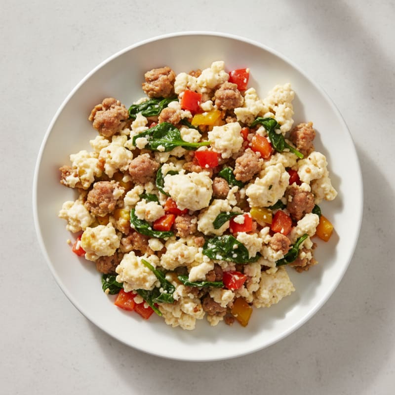 Egg White and Turkey Sausage Scramble with Spinach and Bell Peppers