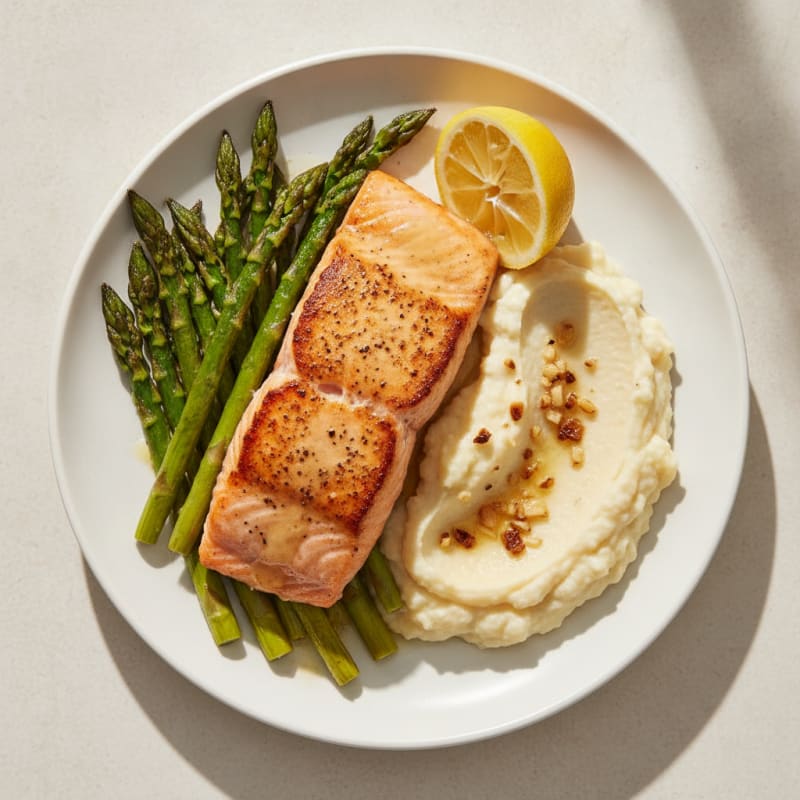 Seared Salmon with Roasted Asparagus and Cauliflower Mash