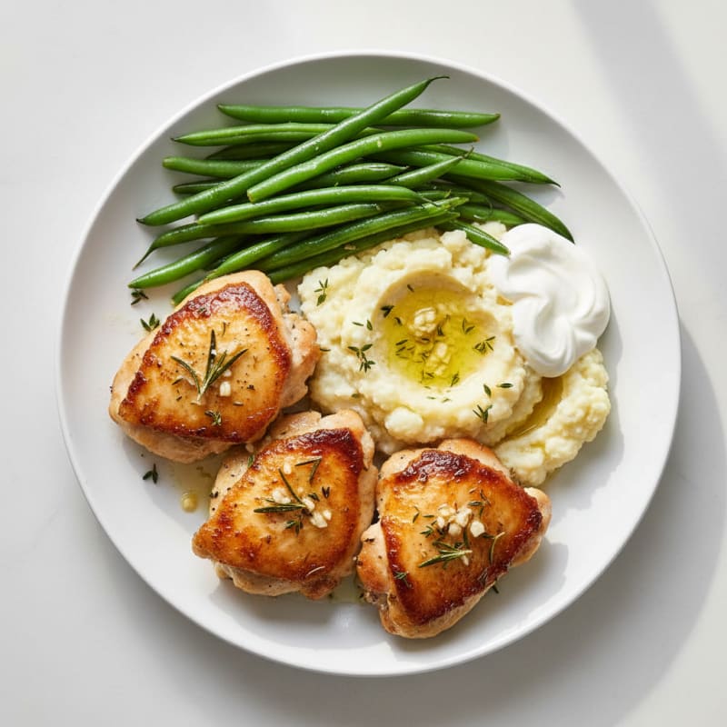 Herb-Seared Chicken Thighs with Steamed Green Beans and Cauliflower Mash
