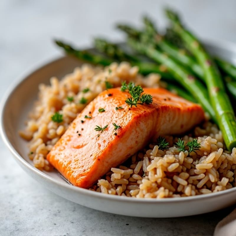 Seared Salmon with Steamed Asparagus and Brown Rice