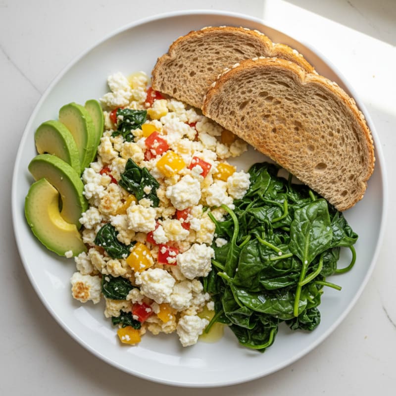 Egg White Veggie Scramble with Cottage Cheese and Sautéed Spinach