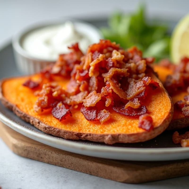 Crispy Sweet Potato Wedges with Turkey Bacon Crumbles