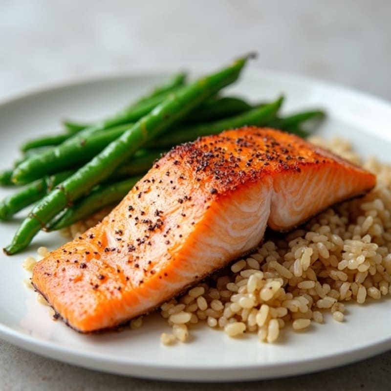 Seared Salmon with Garlic Green Beans and Brown Rice
