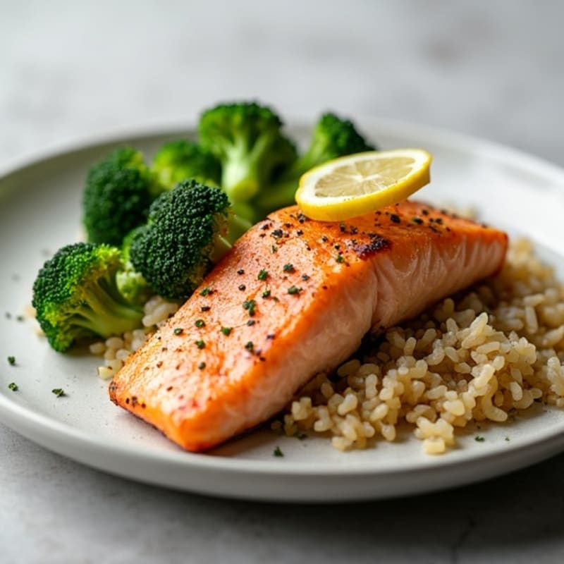 Seared Salmon with Steamed Broccoli and Lemon Pepper Brown Rice