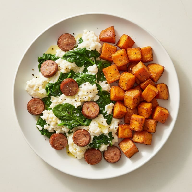 Egg White Spinach Scramble with Turkey Sausage and Roasted Sweet Potato