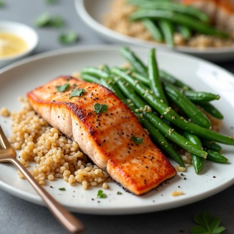 Seared Salmon Fillet with Garlic Green Beans and Brown Rice