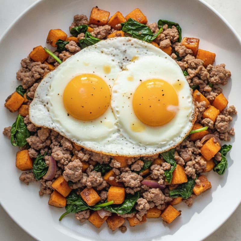 Beef and Sweet Potato Hash with Spinach and Eggs