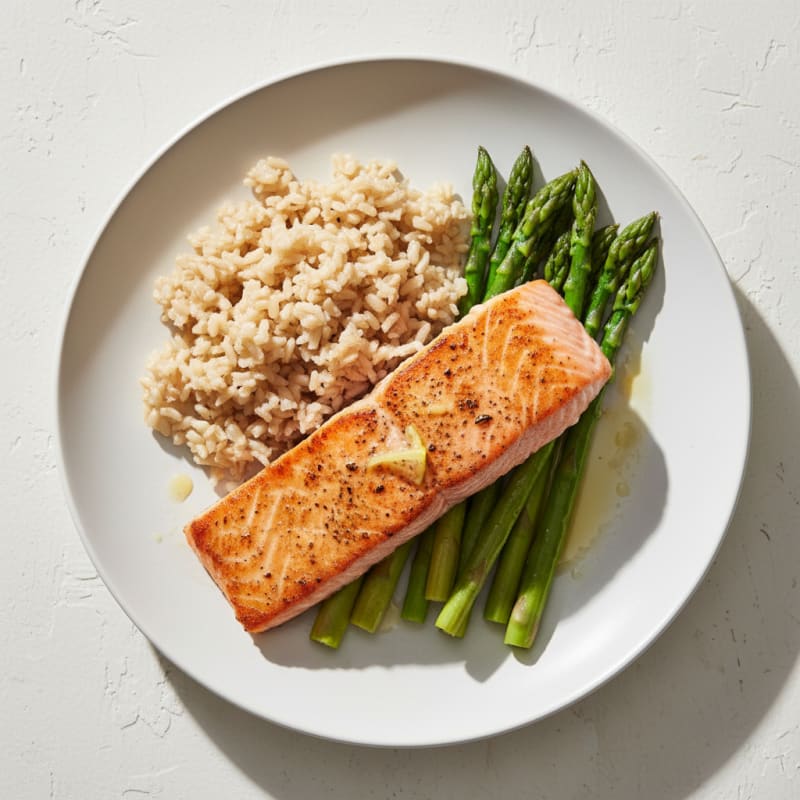 Seared Salmon with Steamed Asparagus and Brown Rice