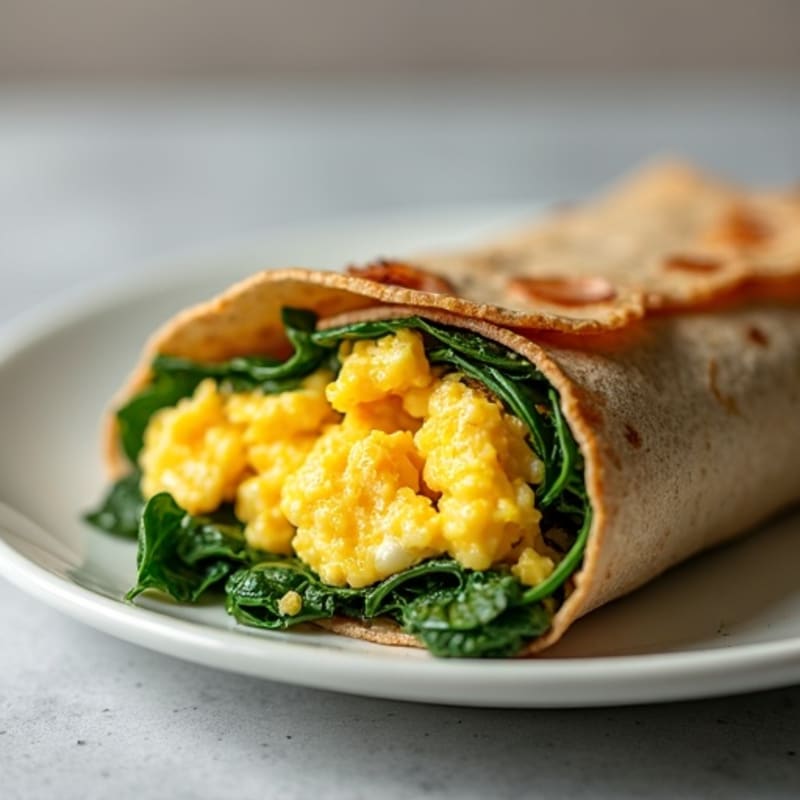 Whole Wheat Breakfast Burrito with Scrambled Eggs, Lean Turkey Bacon, and Sautéed Spinach
