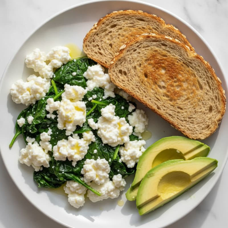 Cottage Cheese and Egg White Scramble with Sautéed Spinach