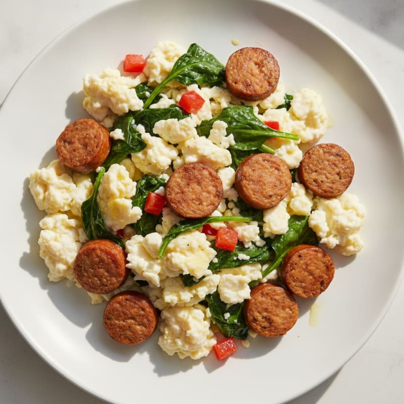 Egg White Scramble with Turkey Sausage and Sautéed Spinach