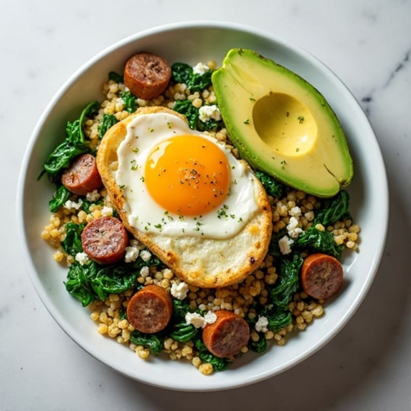 Egg White and Turkey Sausage Scramble with Sautéed Spinach and Quinoa