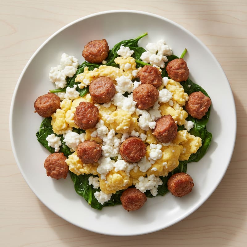 Cottage Cheese Scramble with Turkey Sausage and Sautéed Spinach