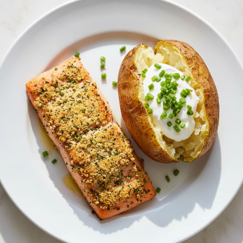 Herb-Crusted Salmon with Loaded Baked Potato
