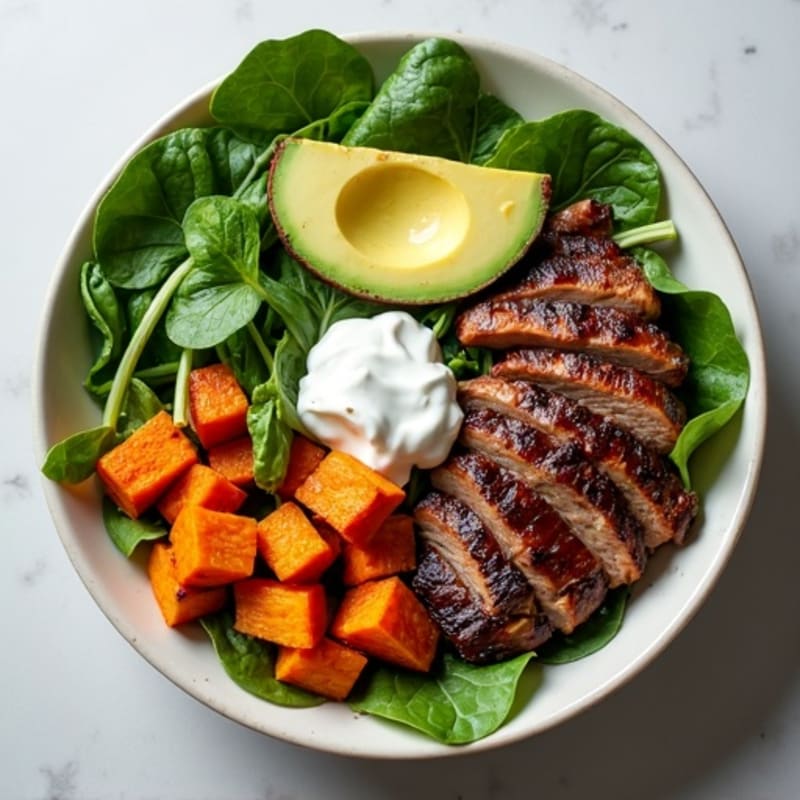Grilled Steak and Roasted Sweet Potato Bowl with Fresh Greens