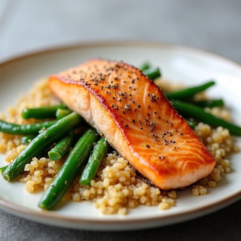 Seared Salmon with Garlic Green Beans and Quinoa