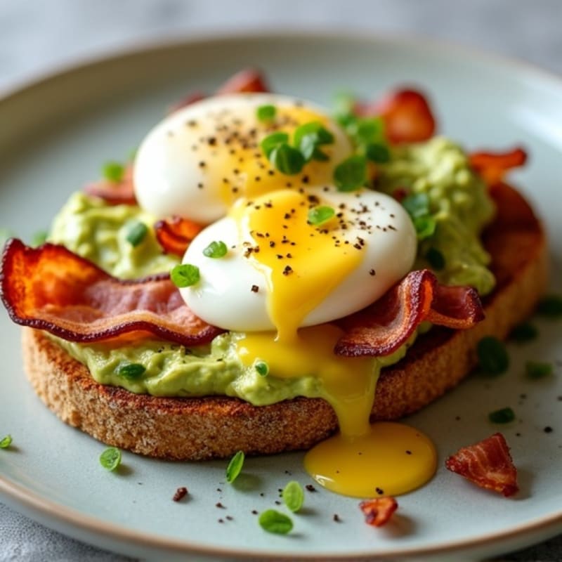 Poached Eggs with Crispy Turkey Bacon, Whole Grain Toast, and Creamy Lemon-Avocado Sauce