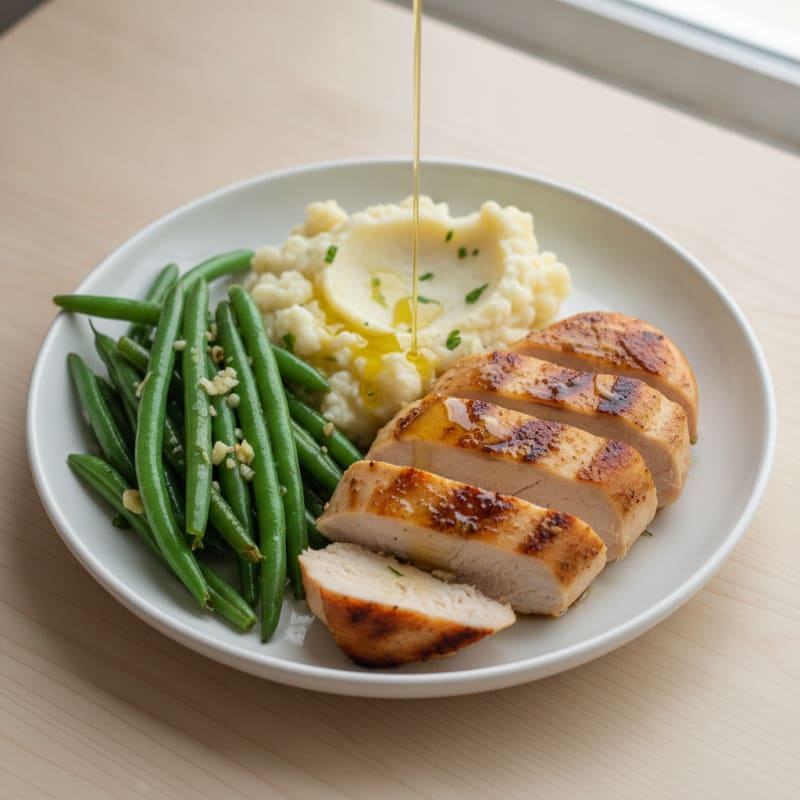 Seared Chicken Breast with Garlic Green Beans and Mashed Cauliflower
