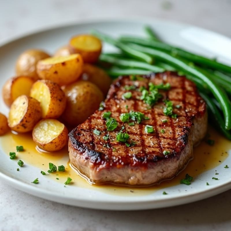 Pan-Seared Garlic Butter Steak with Crispy Roasted Potatoes and Green Beans