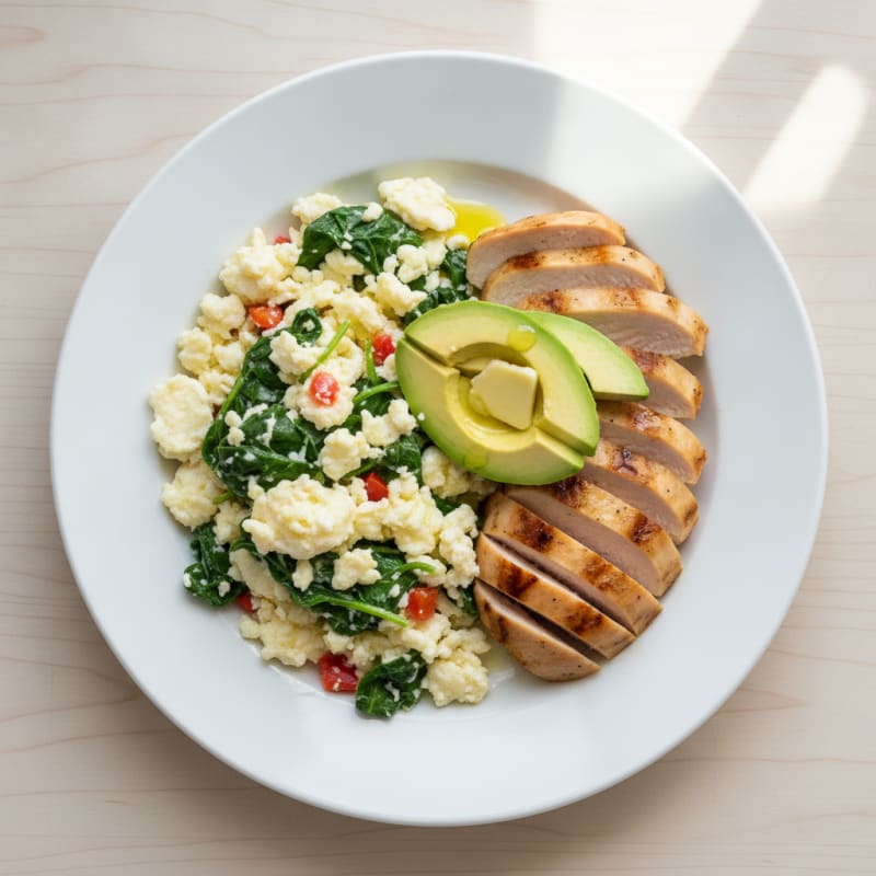 Egg White Veggie Scramble with Grilled Turkey Breast