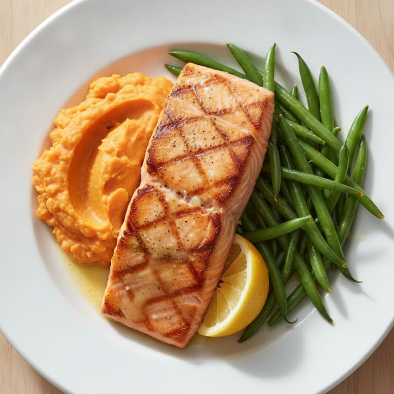 Seared Salmon Fillet with Steamed Green Beans and Sweet Potato Mash