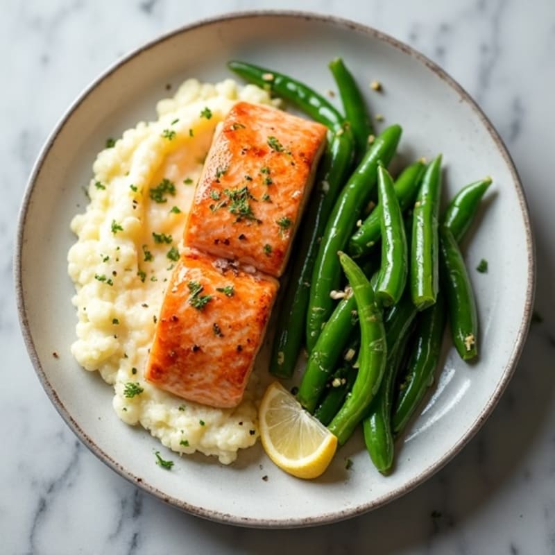Seared Salmon with Garlic Green Beans and Cauliflower Mash