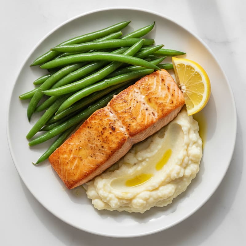 Seared Salmon with Steamed Green Beans and Garlic Mashed Cauliflower