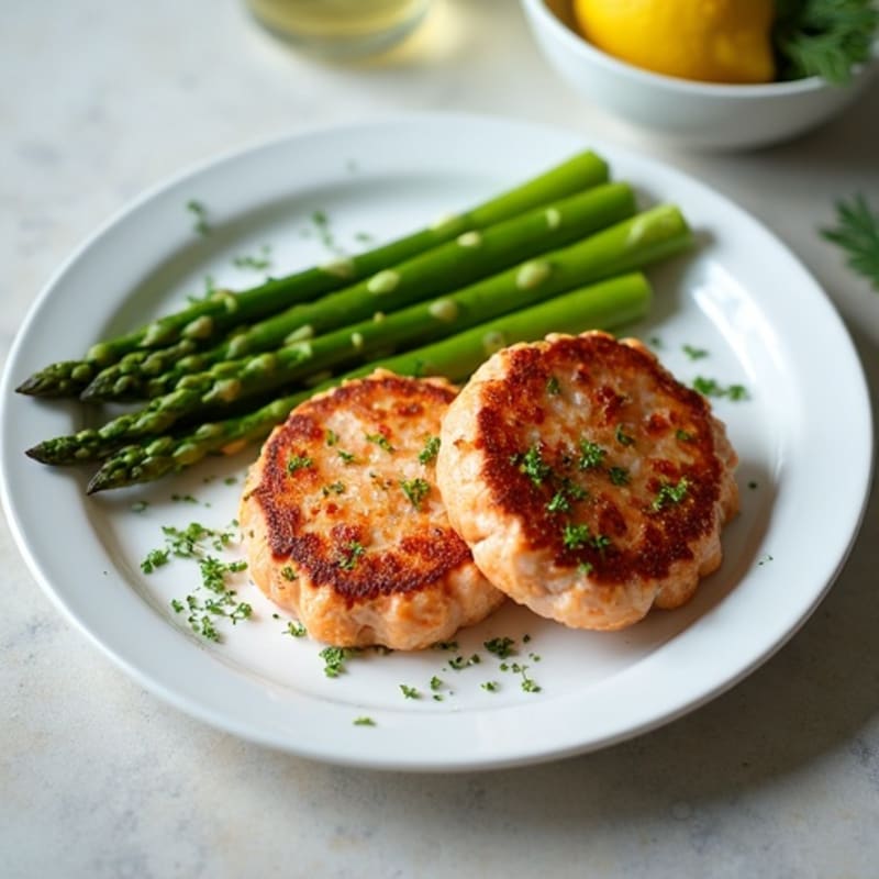 Seared Salmon Patties with Steamed Asparagus and Dill Yogurt Sauce