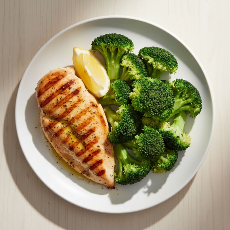 Grilled Chicken Breast with Steamed Broccoli and Lemon