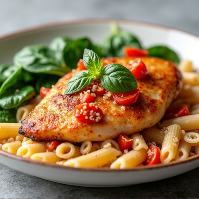 Chicken with Creamy Tomato Whole Wheat Pasta and Spinach