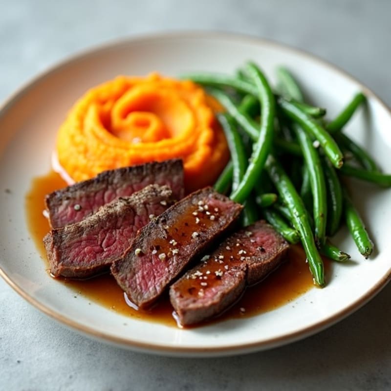 Seared Lean Beef Strips with Garlic Green Beans and Sweet Potato Mash