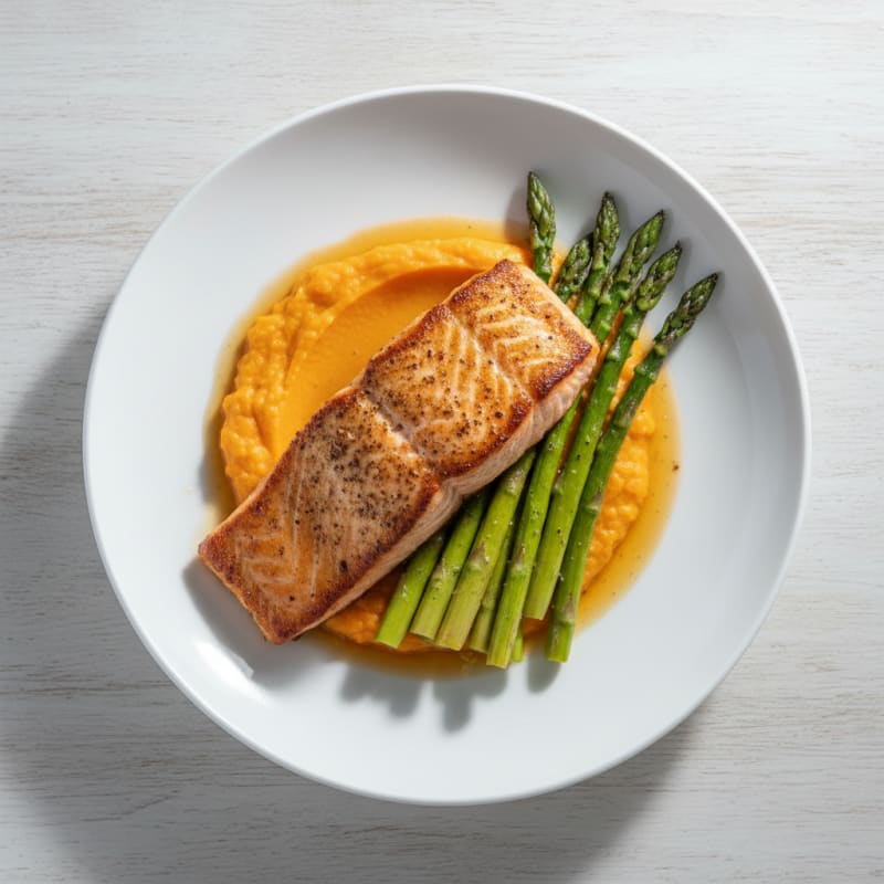 Seared Salmon Fillet with Roasted Asparagus and Sweet Potato Mash