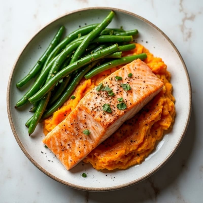Seared Salmon Fillet with Garlic Green Beans and Sweet Potato Mash