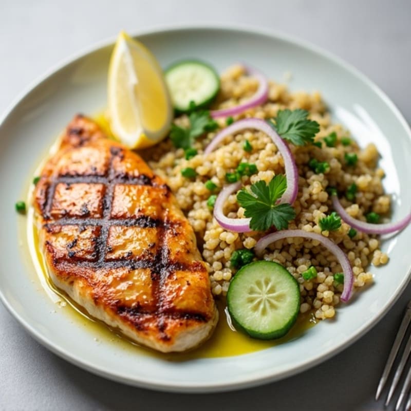 Grilled Chicken Breast with Crisp Cucumber and Quinoa Salad