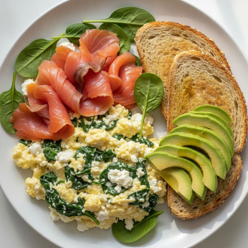 Smoked Salmon and Egg Scramble with Cottage Cheese and Spinach