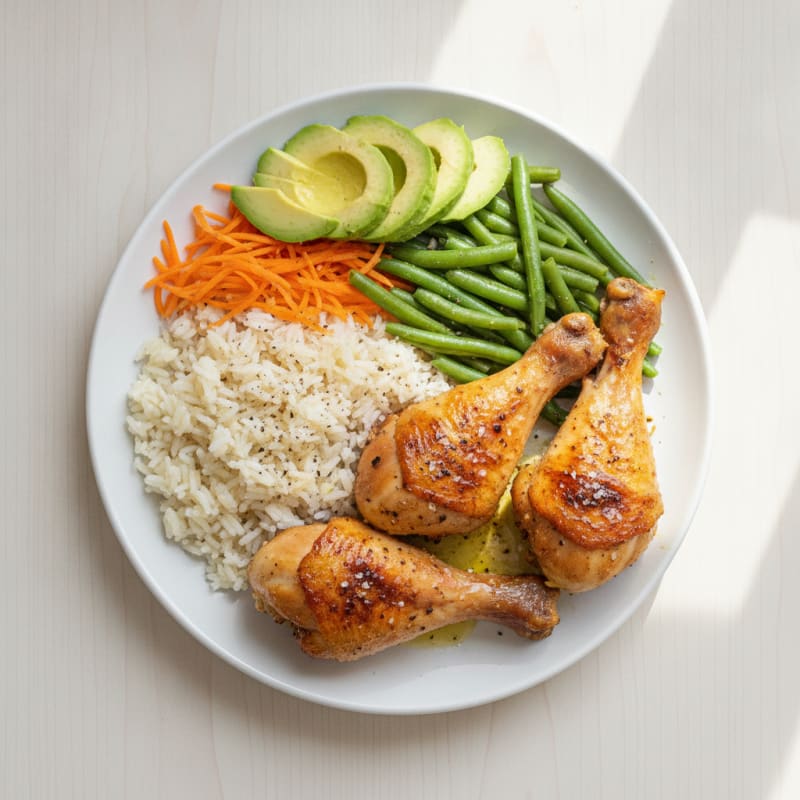 Roasted Chicken Legs with Rice and Avocado