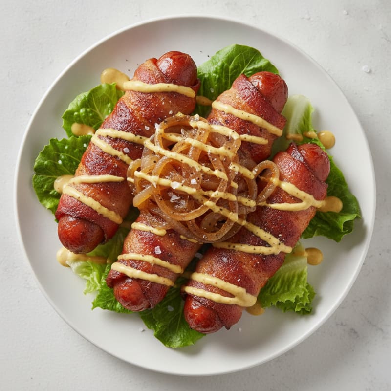 Bacon-Wrapped Hot Dogs with Caramelized Onions