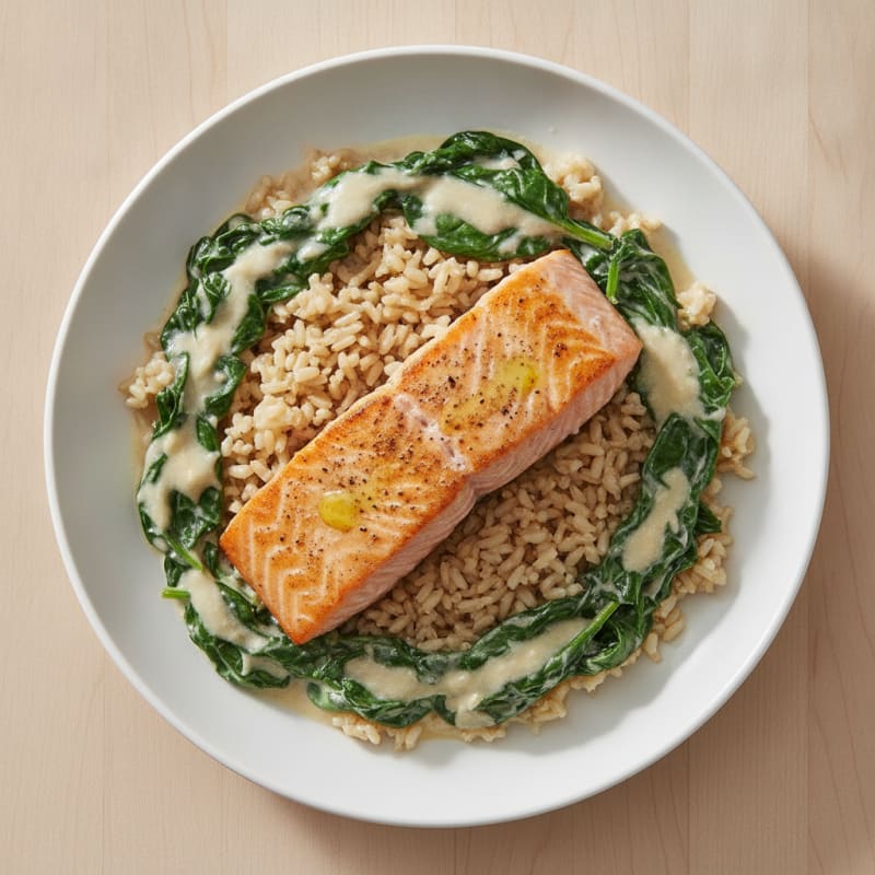 Seared Salmon with Creamy Spinach and Brown Rice