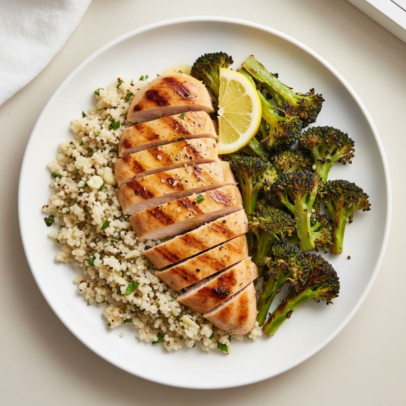 Grilled Chicken Breast over Quinoa and Roasted Broccoli