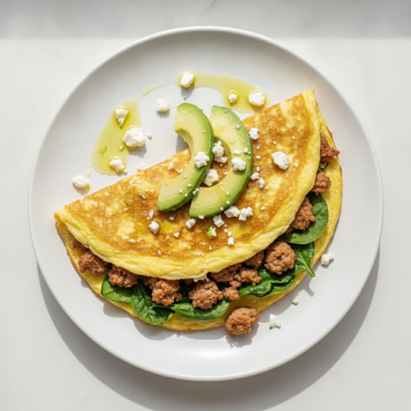 Crispy Egg White Omelette with Turkey Sausage and Spinach