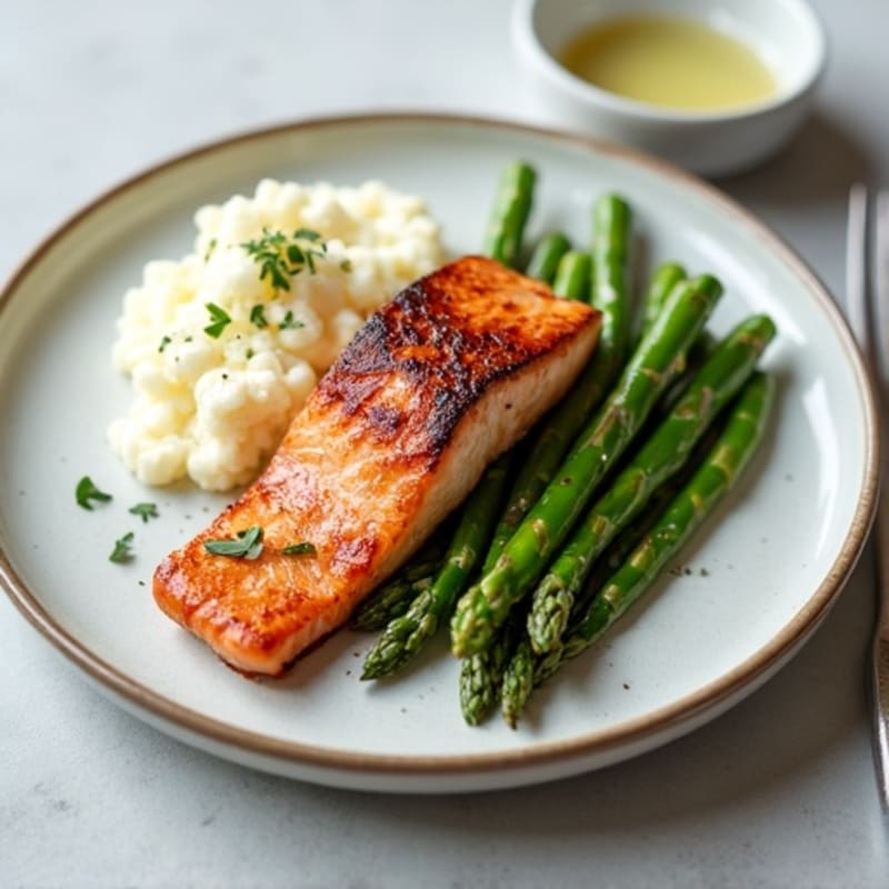 Seared Salmon with Roasted Asparagus and Cauliflower Mash
