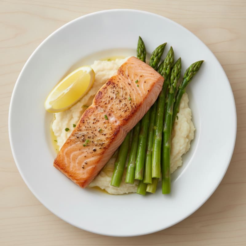 Pan-Seared Salmon with Steamed Asparagus and Cauliflower Mash